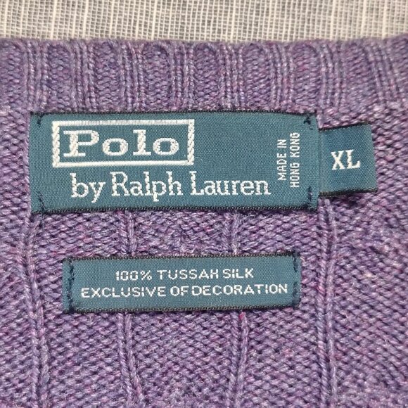 VINTAGE Polo Ralph Lauren Womens Purple Cable Kit Tussah Silk Sweater V-Neck - Picture 7 of 12